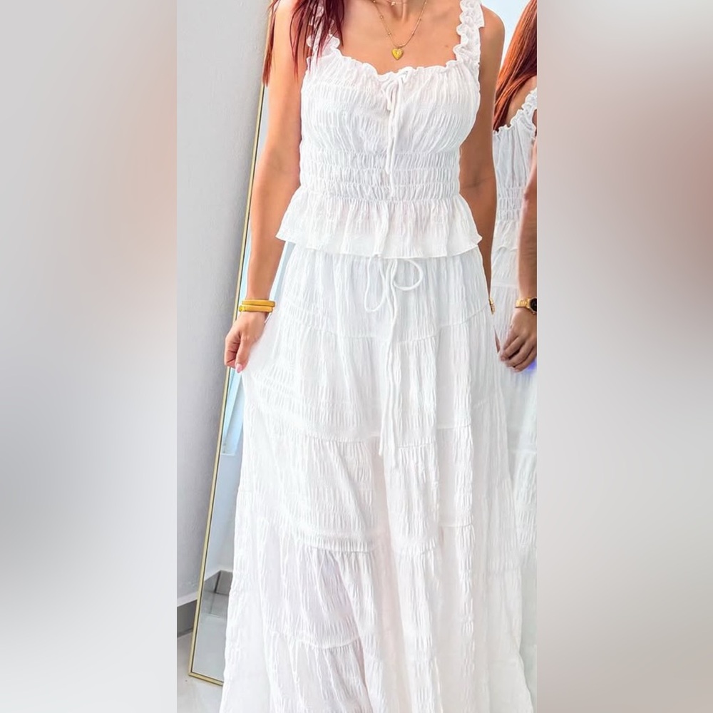 SET! Clinched Waist Top with White Tiered Maxi Skirt with Drawstring Waist